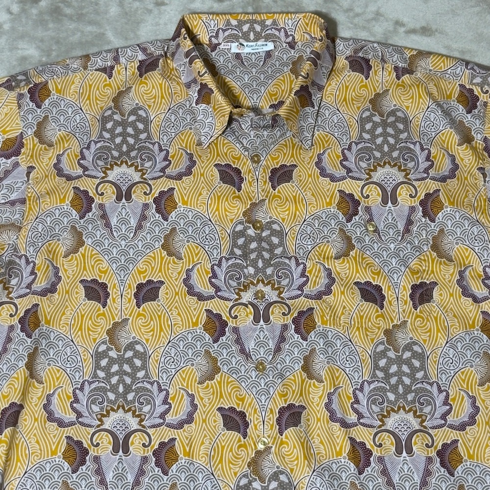 Keris Fashion Indonesia SS 3XL Yellow Brown Batik Print Cotton Button Down